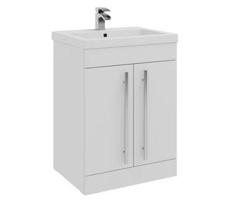 Furniture & Mirrors Purity 600mm Floor Standing 2 Door Unit & Mid Depth Ceramic Basin - White Gloss H 855 X W 600 X D 450