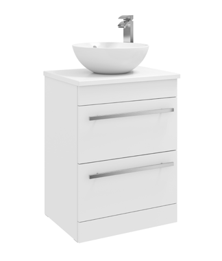 Furniture & Mirrors Purity 600mm Floor Standing 2 Drawer Unit With Ceramic Worktop & Sit On Bowl - White Gloss H 855 X W 600 X D 450 (Excluding Basin)