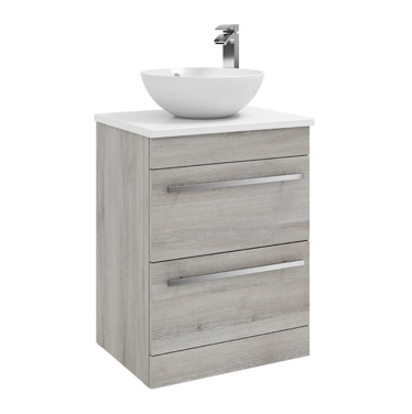 Furniture & Mirrors Purity 600mm Floor Standing 2 Drawer Unit With Ceramic Worktop & Sit On Bowl - Grey Ash H 855 X W 600 X D 450 (Excluding Basin)