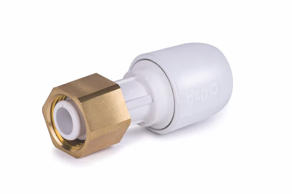 Hep2O straight tap connector with brass nut 0.5″x15mm white
