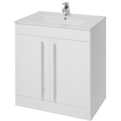Furniture & Mirrors Purity 600mm Floor Standing 2 Door Unit & Ceramic Basin – White Gloss H 855 X W 600 X D 450