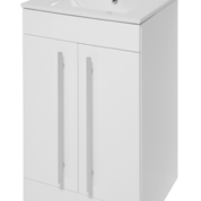 Furniture & Mirrors Purity 500mm Floor Standing 2 Door Unit & Ceramic Basin – White Gloss H 855 X W 500 X D 390