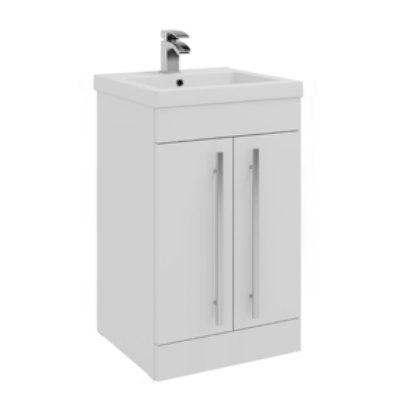 Furniture & Mirrors Purity 500mm F/S 2 Door Unit & Mid Depth Ceramic Basin – White Gloss H 855 X W 500 X D 390