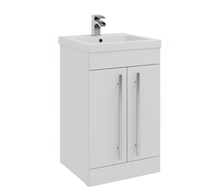 Furniture & Mirrors Purity 500mm F/S 2 Door Unit & Mid Depth Ceramic Basin – White Gloss H 855 X W 500 X D 390