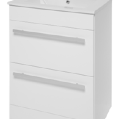 Furniture & Mirrors Purity 600mm Floor Standing 2 Drawer Unit & Ceramic Basin – White Gloss H 855 X W 600 X D 450