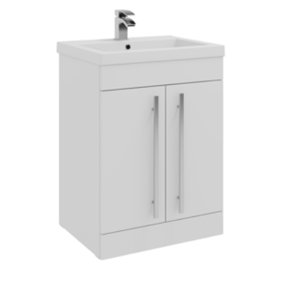 Furniture & Mirrors Purity 600mm Floor Standing 2 Door Unit & Mid Depth Ceramic Basin – White Gloss H 855 X W 600 X D 450