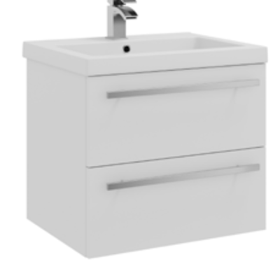 Furniture & Mirrors Purity 600mm Wall Mounted 2 Drawer Unit & Ceramic Basin – White Gloss H 500 X W 600 X D 450