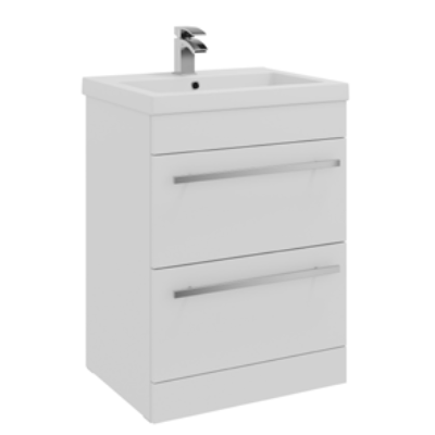 Furniture & Mirrors Purity 600mm Floor Standing 2 Drawer Unit & Mid Depth Ceramic Basin – White Gloss H 855 X W 600 X D 450