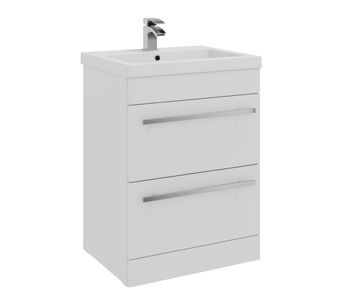 Furniture & Mirrors Purity 600mm Floor Standing 2 Drawer Unit & Mid Depth Ceramic Basin – White Gloss H 855 X W 600 X D 450