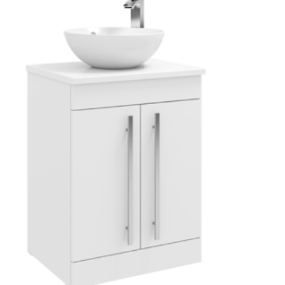 Furniture & Mirrors Purity 600mm Floor Standing 2 Door Unit With Ceramic Worktop & Sit On Bowl – White Gloss H 855 X W 600 X D 450 (Excluding Basin)