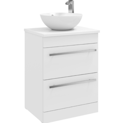 Furniture & Mirrors Purity 600mm Floor Standing 2 Drawer Unit With Ceramic Worktop & Sit On Bowl – White Gloss H 855 X W 600 X D 450 (Excluding Basin)