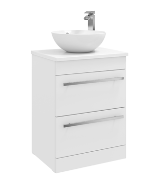Furniture & Mirrors Purity 600mm Floor Standing 2 Drawer Unit With Ceramic Worktop & Sit On Bowl – White Gloss H 855 X W 600 X D 450 (Excluding Basin)