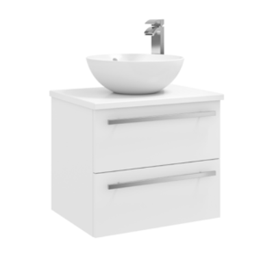 Furniture & Mirrors Purity 600mm Wall Mounted 2 Drawer Unit With Ceramic Worktop & Sit On Bowl – White Gloss H 500 X W 600 X D 450 (Excluding Basin)