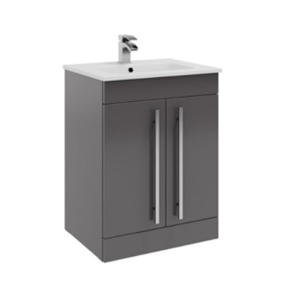 Furniture & Mirrors Purity 600mm Floor Standing 2 Door Unit & Ceramic Basin – Storm Grey Gloss H 855 X W 600 X D 450
