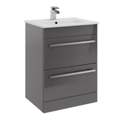 Furniture & Mirrors Purity 600mm Floor Standing Drawer Unit & Basin – Storm Grey Gloss H 855 X W 600 X D 450