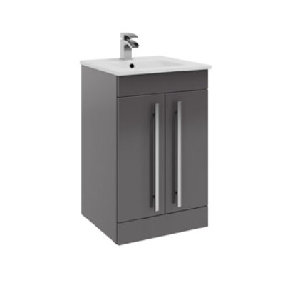 Furniture & Mirrors Purity 500mm Floor Standing 2 Door Unit & Mid Depth Ceramic Basin Storm Grey Gloss H 855 X W 500 X D 390