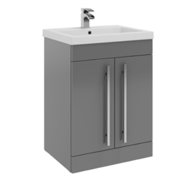 Furniture & Mirrors Purity 600mm Floor Standing 2 Door Unit & Mid Depth Ceramic Basin – Storm Grey Gloss H 855 X W 600 X D 450