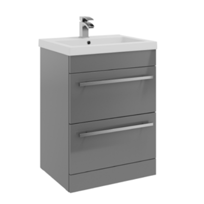 Furniture & Mirrors Purity 600mm Floor Standing 2 Drawer Unit & Mid Depth Ceramic Basin – Storm Grey Gloss H 855 X W 600 X D 450