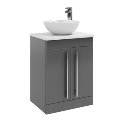 Furniture & Mirrors Purity 600mm Floor Standing 2 Door Unit With Ceramic Worktop & Sit On Bowl – Storm Grey Gloss H 855 X W 600 X D 450 (Excluding Basin)