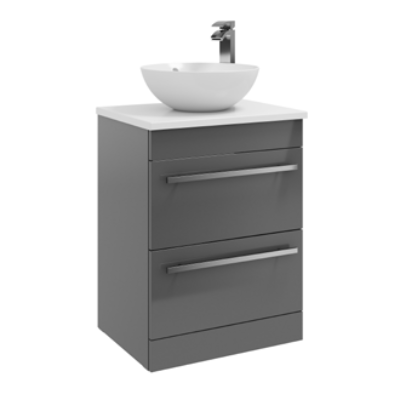 Furniture & Mirrors Purity 600mm Floor Standing 2 Drawer Unit With Ceramic Worktop & Sit On Bowl – Storm Grey Gloss H 855 X W 600 X D 450 (Excluding Basin)