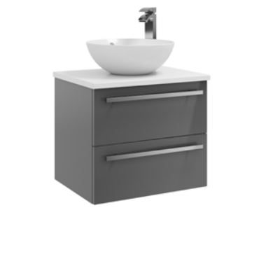 Furniture & Mirrors Purity 600mm Wall Mounted 2 Drawer Unit With Ceramic Worktop & Sit On Bowl Storm Grey Gloss H 500 X W 600 X D 450 (Excluding Basin)