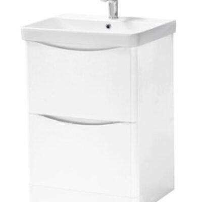Furniture & Mirrors Arc 600mm Floor Standing 2 Drawer Unit & Ceramic Basin – White Gloss H 840 X W 600 X D 460