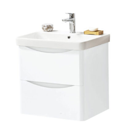 Furniture & Mirrors Arc 600mm Wall Mounted 2 Drawer Unit & Ceramic Basin – White Gloss H 600 X W 600 X D 460