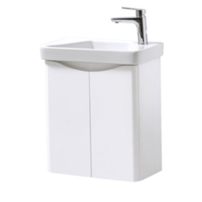 Furniture & Mirrors Arc 500mm Wall Mounted 2 Door Cloakroom Unit & Ceramic Basin – White Gloss H 600 X W 500 X D 290